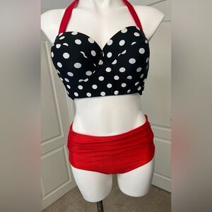 Source Unknown Black and White Polka Dot Bikini with Red Bottoms